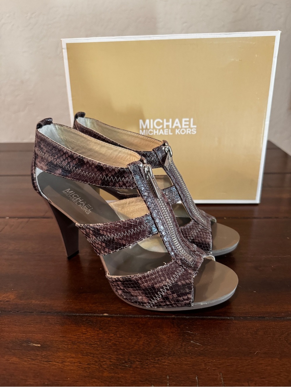 Michael Kors Brown Snake-Print T-Strap Heels with Zipper Front and Box Size 9.5